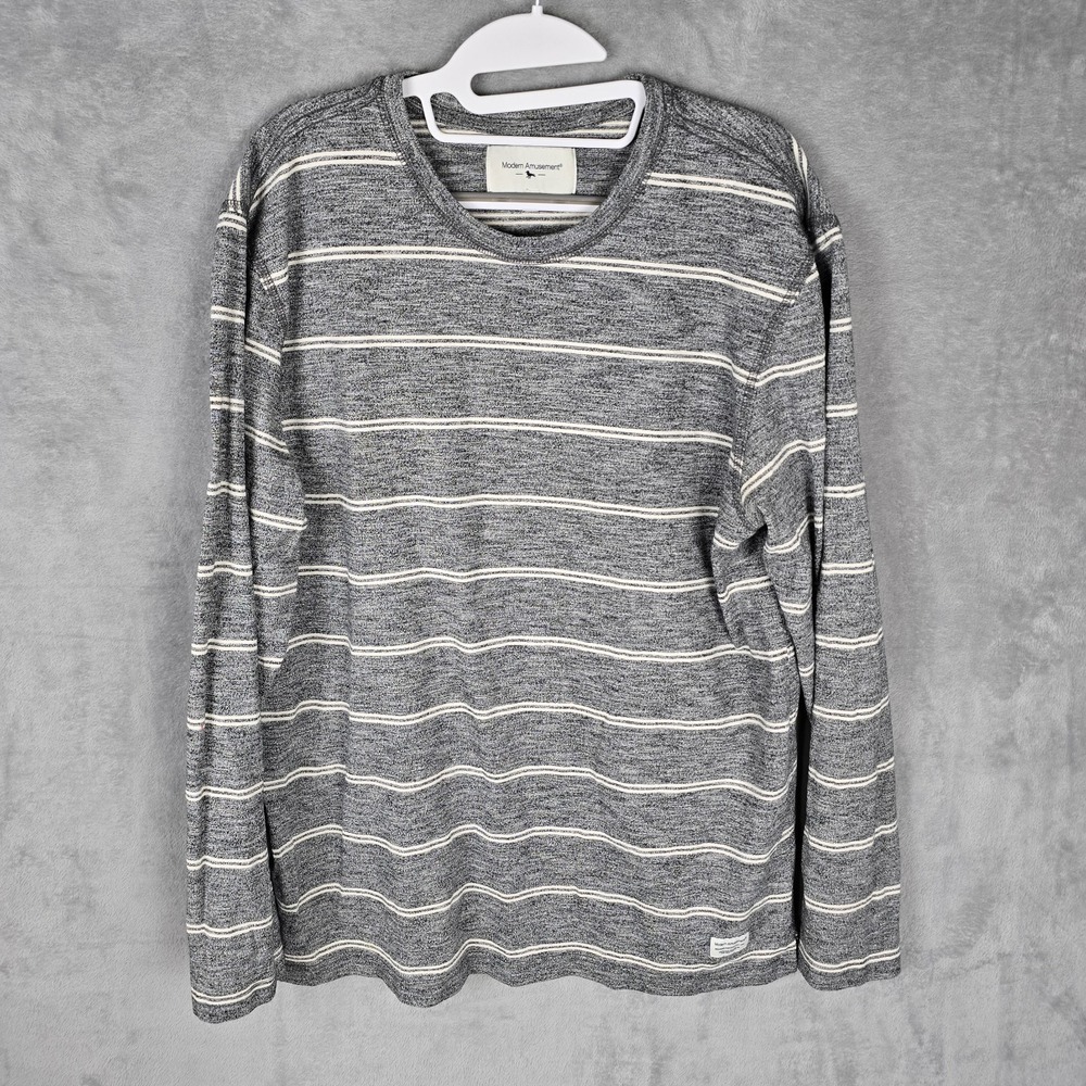 Modern‎ Amusement Mens XL Grey White Striped Long Sleeve Crew Neck T-Shirt